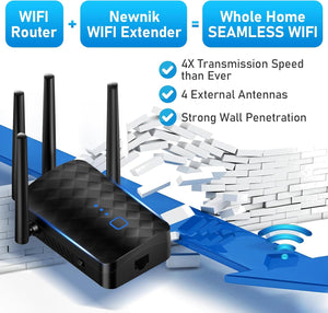 Newnik 2024 WiFi Extender Signal Booster for Home, Covers Up to 10000 Sq.ft and 36 Devices, 1.2Gbps WiFi Booster, Dual Band 5GHz&2.4GHz, 1200Mbps Home Signal Booster w/Ethernet Port, Made for USA